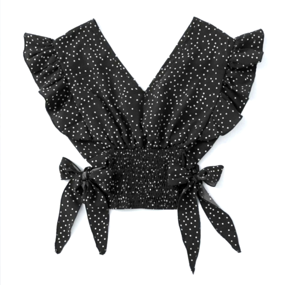Flutter Sleeve Shirred Top Black/White Polka Dot ~MED.
